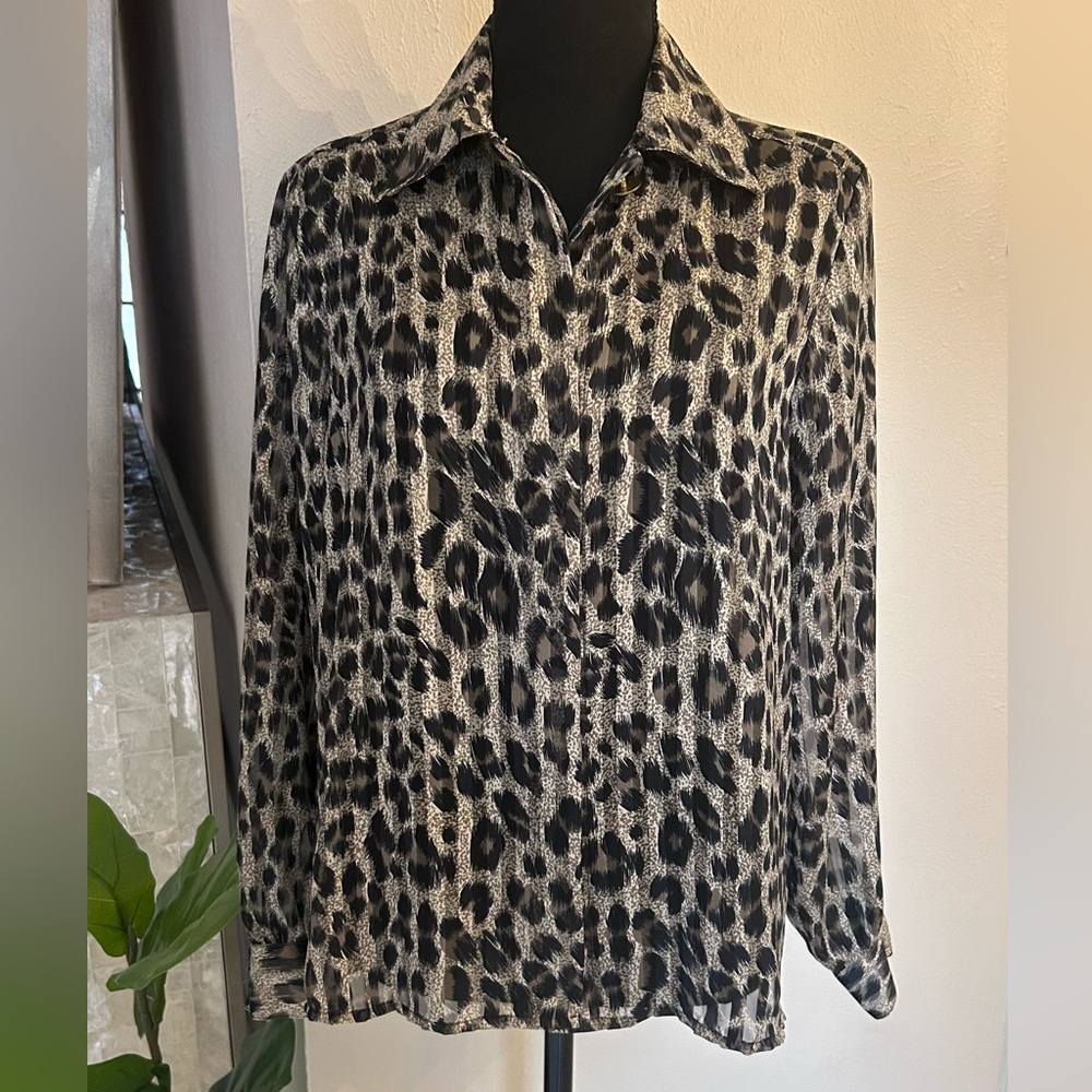 Women's Notations Petite Animal Print Leopard Sleeve Blouse Sz PS